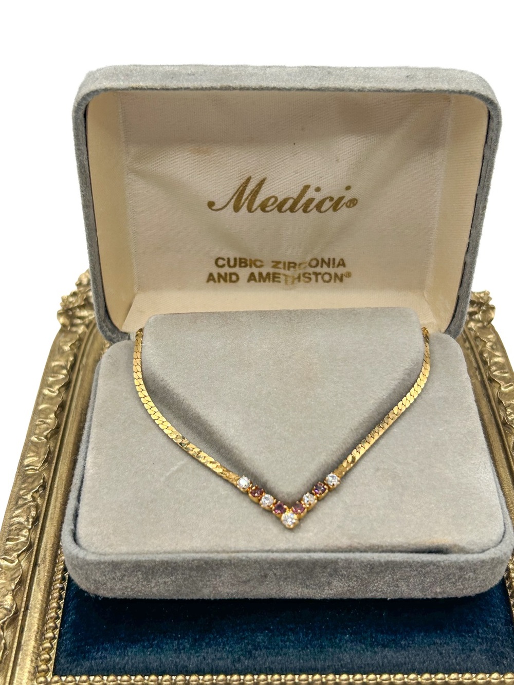 Vintage Medici Chevron Necklace with Box, 1980s Gold Herringbone V Collar Choker